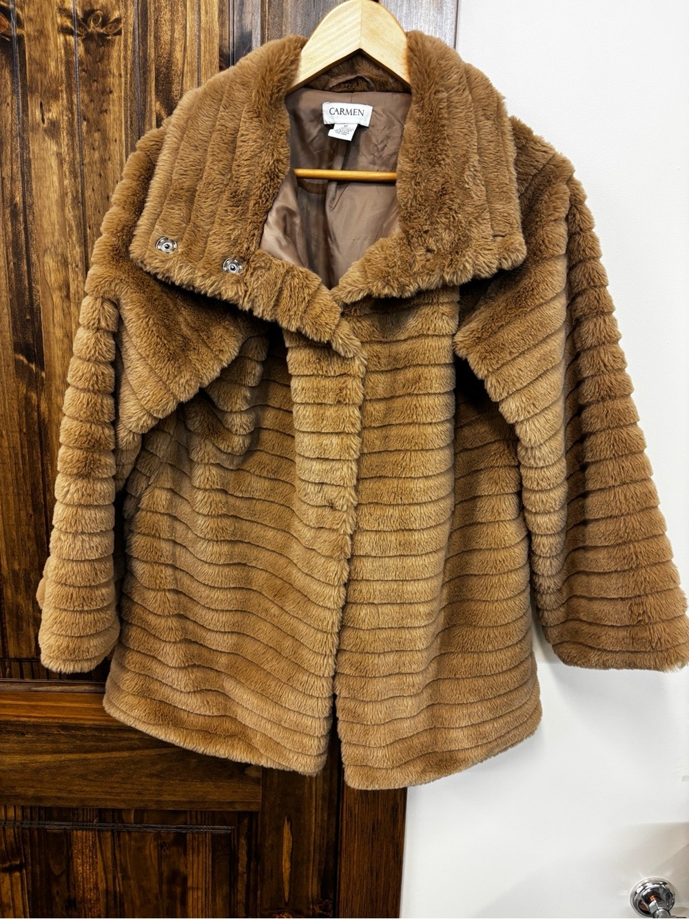 Carmen Marc Valvo Plush Faux Fur Coat in Camel Brown